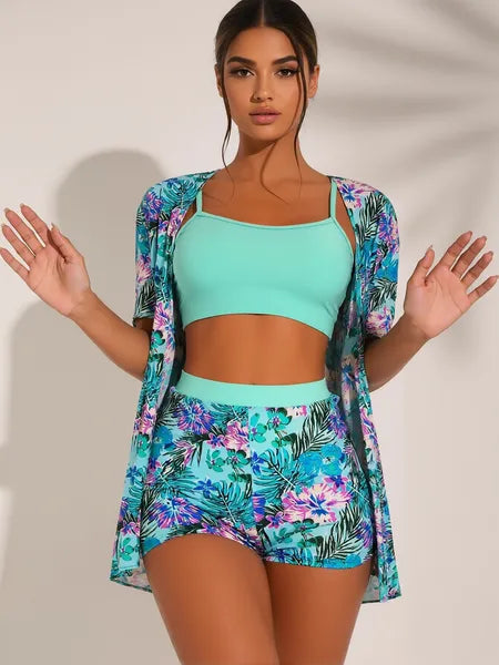 Women's Teal Printed 3-piece Bikini Swimsuit with Cover Up