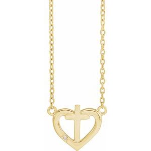 14K Yellow Gold .0025 CT Natural Diamond Heart & Cross 18" Necklace