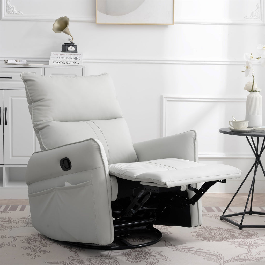 PU Rocking Recliner Chair, 360° Swivel Nursery Rocking Chair, Glider Chair, Modern Small Rocking Swivel Recliner Chair, Home Theater Seating, Side Pocket (Light Gray+360° Swivel)