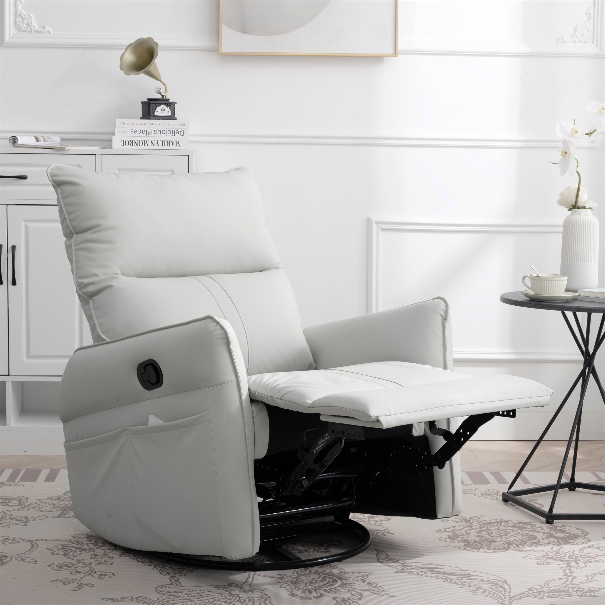 PU Rocking Recliner Chair, 360° Swivel Nursery Rocking Chair, Glider Chair, Modern Small Rocking Swivel Recliner Chair, Home Theater Seating, Side Pocket (Light Gray+360° Swivel)