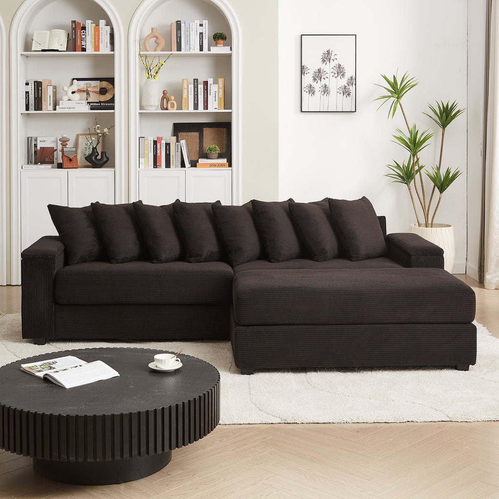 Luxe Oversized L Shaped Sofa with Chaise,Comfy Corduroy L Shaped Sectional Couches with 8 Pillows and Two Armrest storage space,Soft Fluffy Upholstered Sofa Bed for Living Room Apartment Bedroom