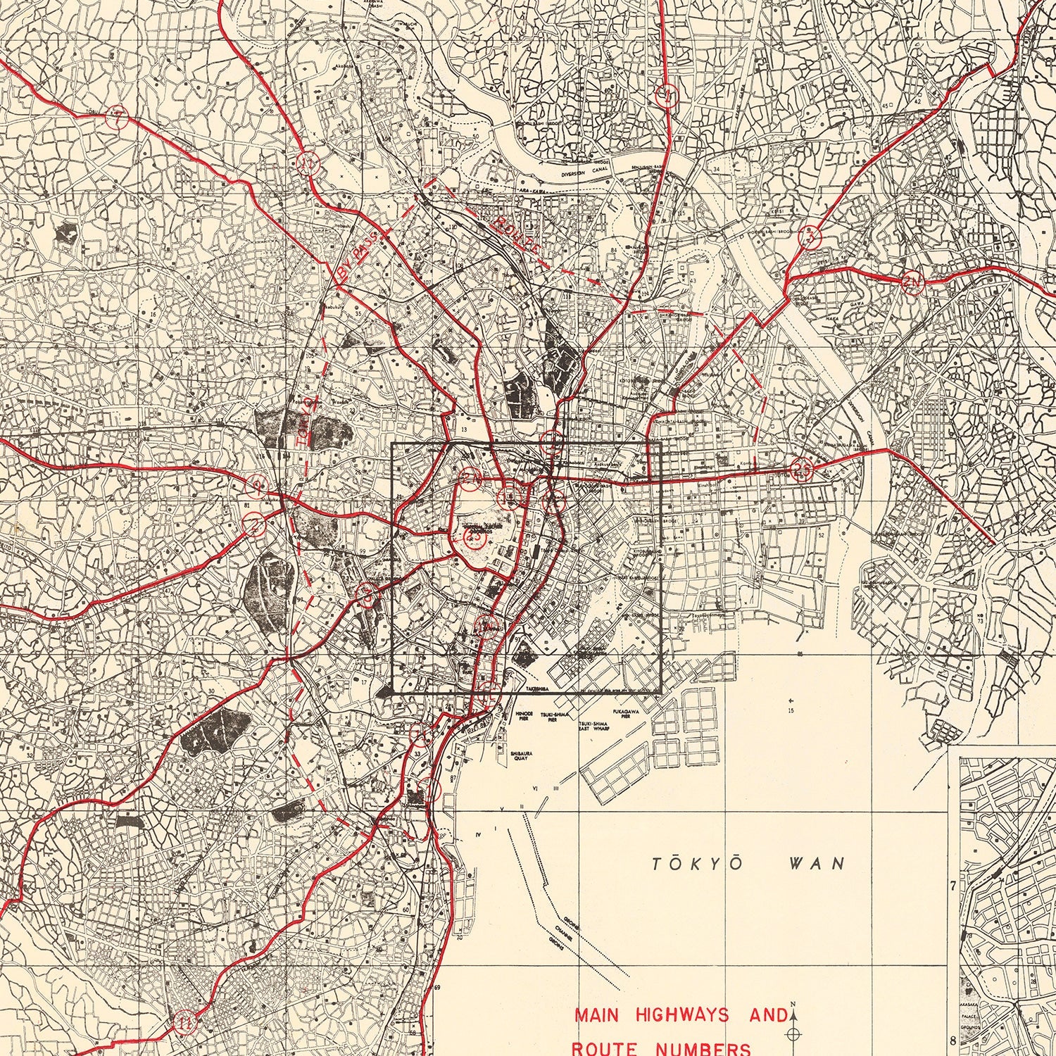 Vintage Map of Tokyo, Japan 1945