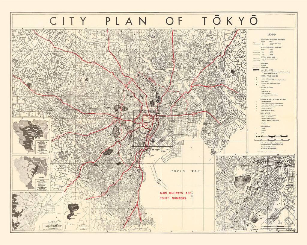 Vintage Map of Tokyo, Japan 1945