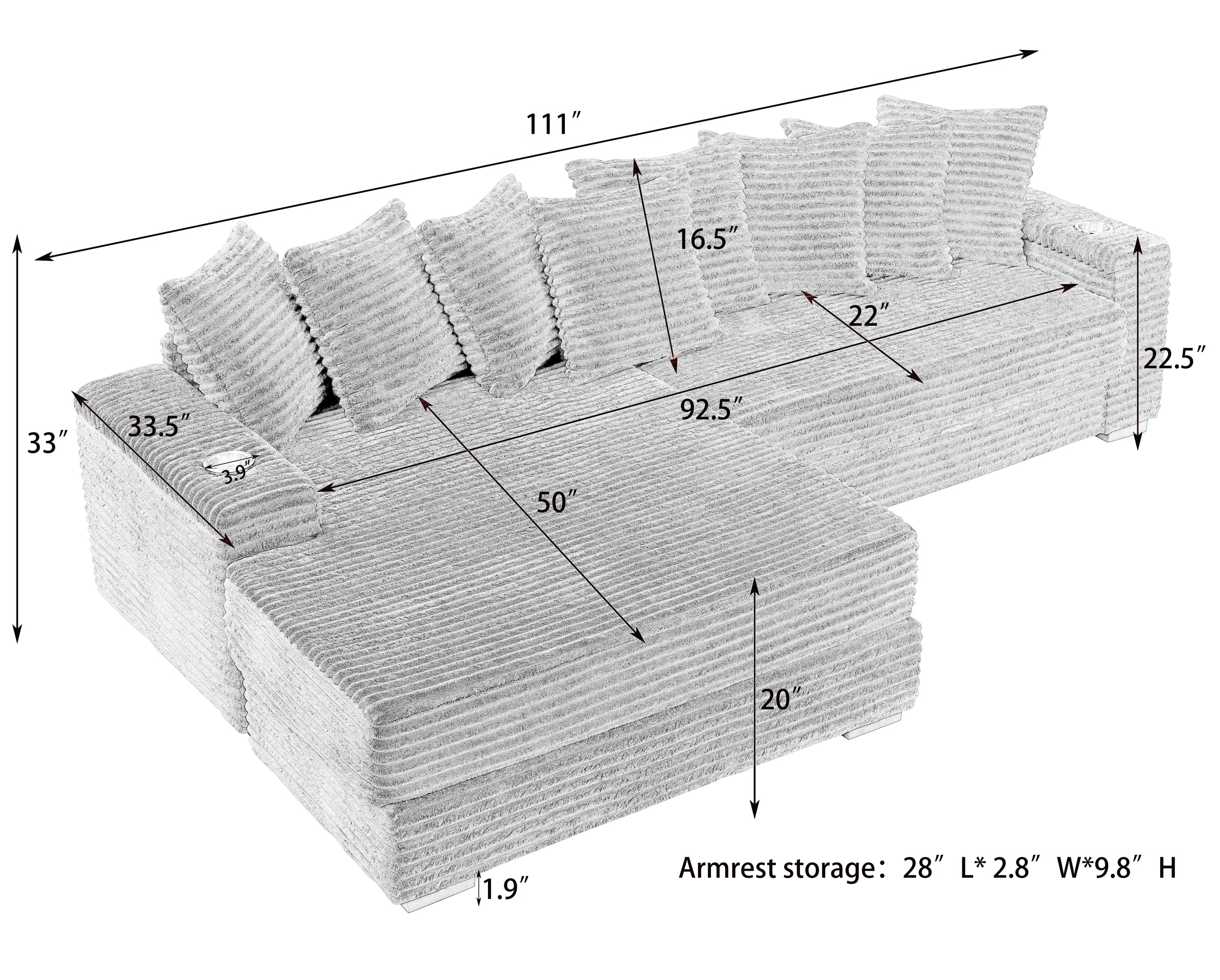 111.4 ' Black corduroy sofa, armrest with cup holder and storage function, recliner can be changed left and right, suitable for living room bedroom lounge area
