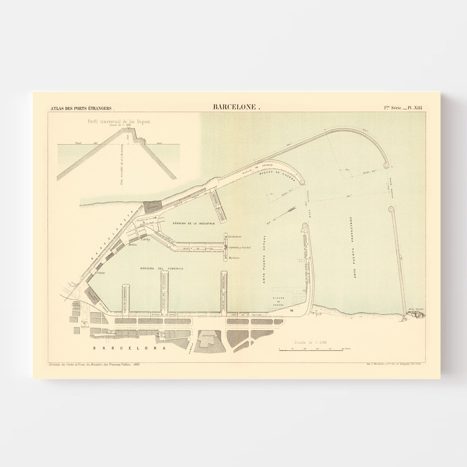 Vintage Map of Barcelona, Spain 1883