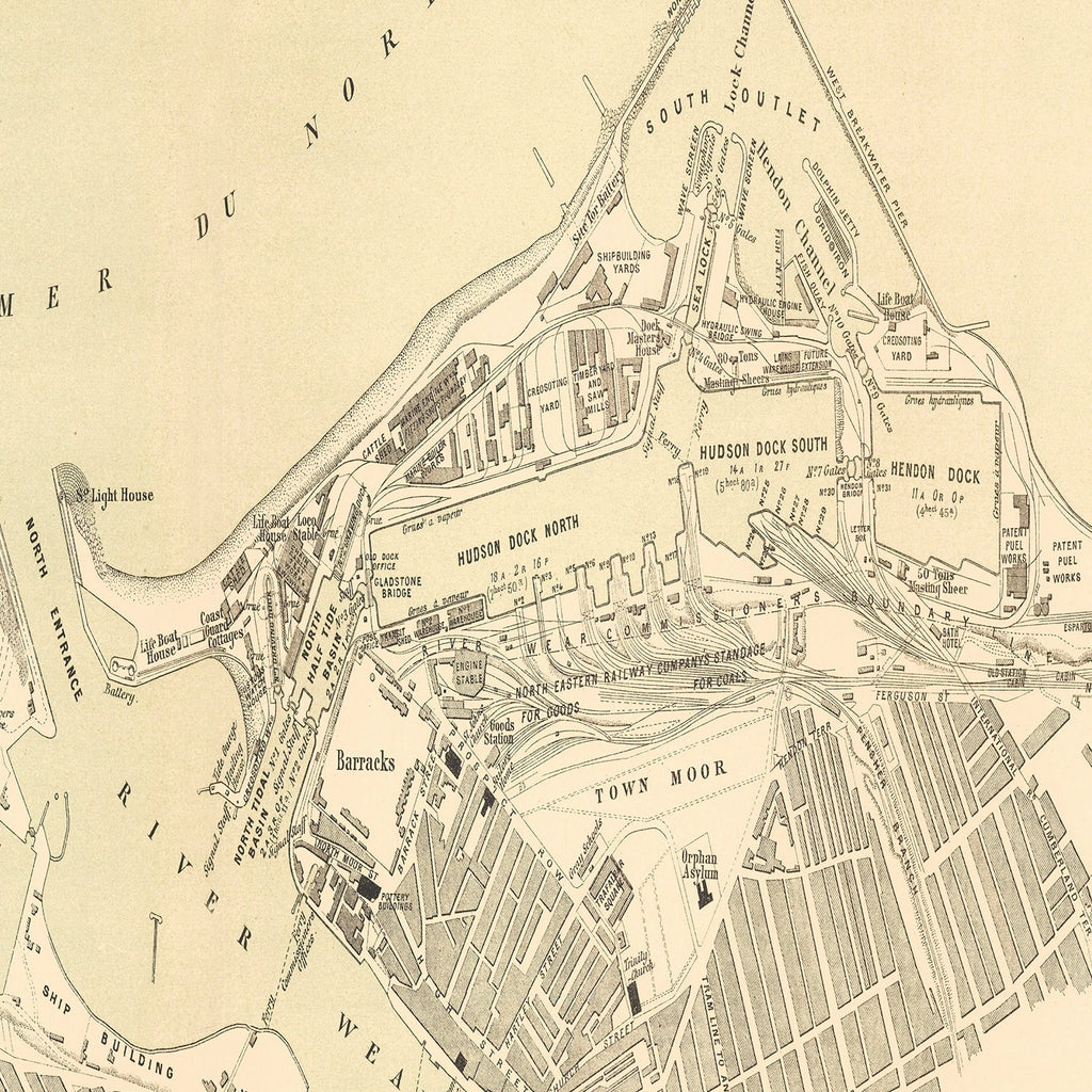 Vintage Map of Sunderland, England 1884