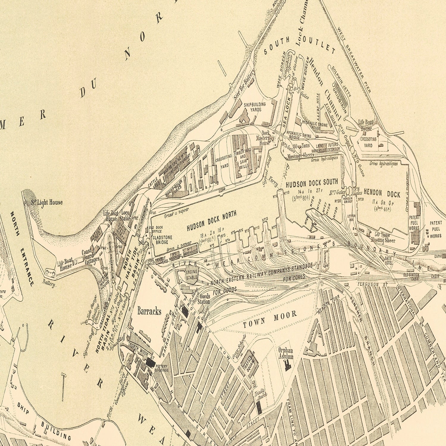 Vintage Map of Sunderland, England 1884