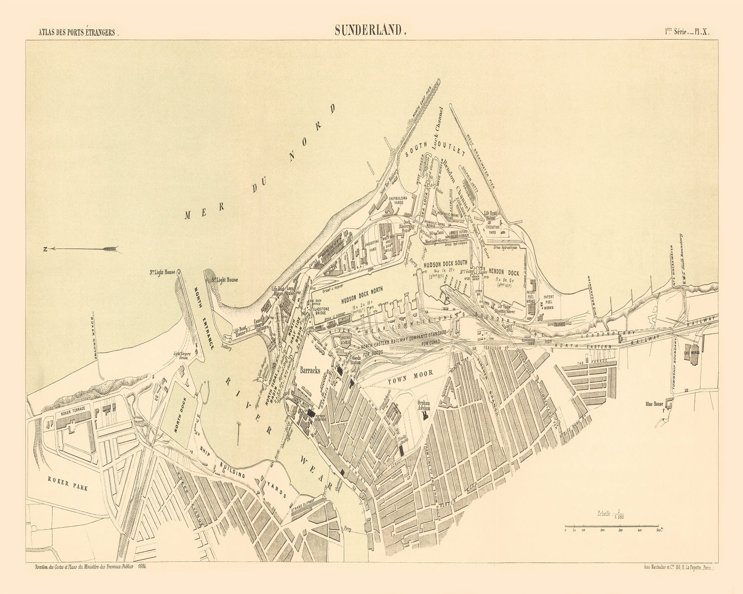 Vintage Map of Sunderland, England 1884