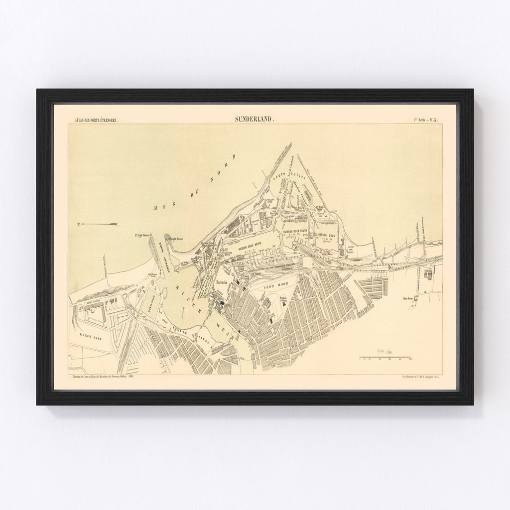 Vintage Map of Sunderland, England 1884