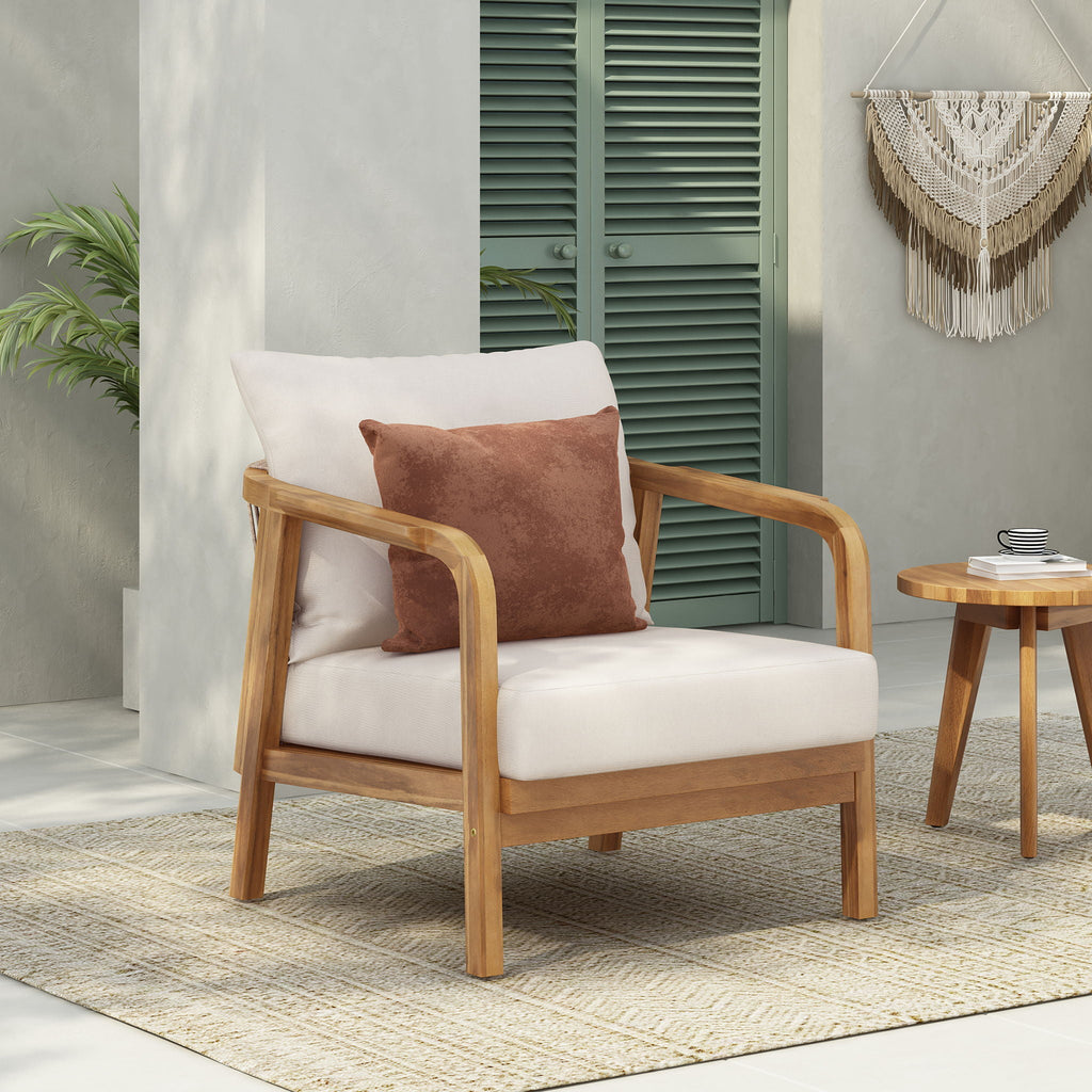 Outdoor Lounge Chair With Woven Backrest, Solid Wood Frame, Comfortable Cushions