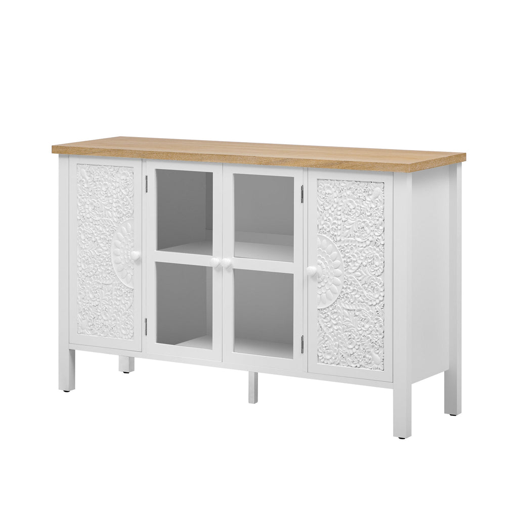 U-Can 47.2'' Retro TV Stand for TVs up to 43 Inches, Entertainment Center Media Console Cabinet with 3 Spacious Cabinets, Glass Cabinet Doors and Anti-tip Device for Living room