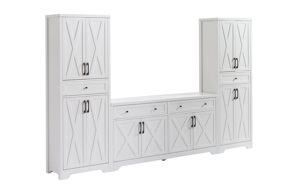 TV Cabinet Set Multifunctional TV Wall, One TV Cabinet and Two Sideboards for Living Room, White,  108.7''L x 15''W x 68''H.