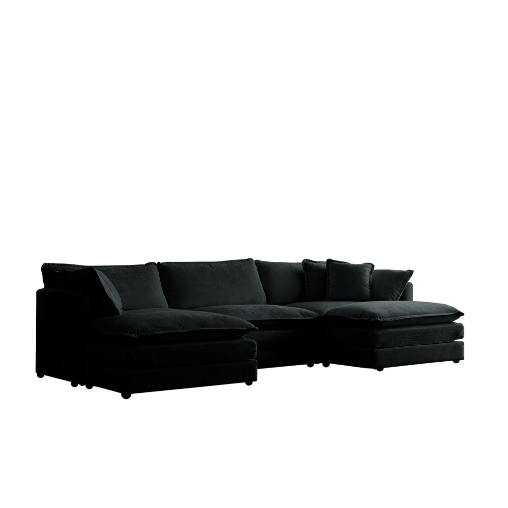 U-Shaped Sectional Sofa w/Reversible Footrest, 5-Seater Convertible Corner Couch with 2 Ottomans ,Modern Minimalist Soft Sofa & Couch for Living Room , Black Chenille