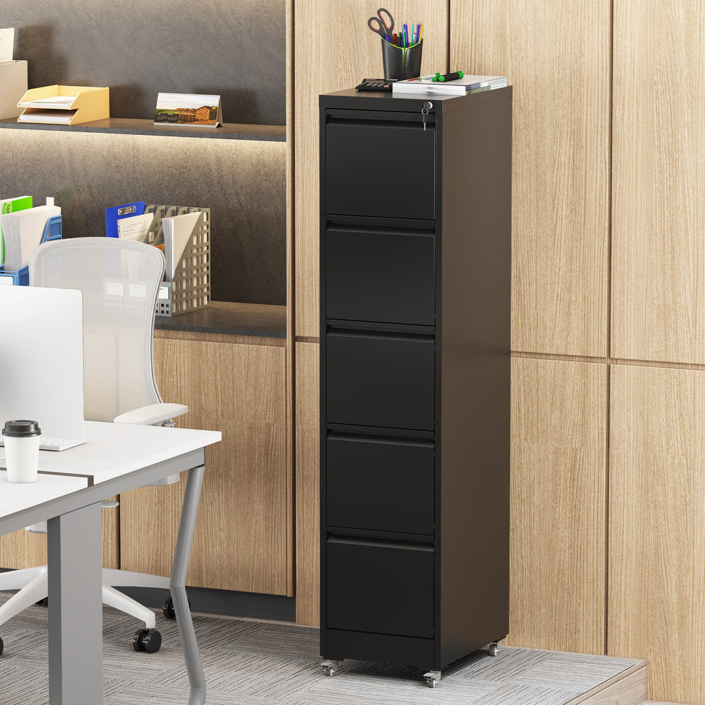 Heavy Duty Black Metal 5 Drawer Vertical File Cabinet with Lock and Wheels for Home Office