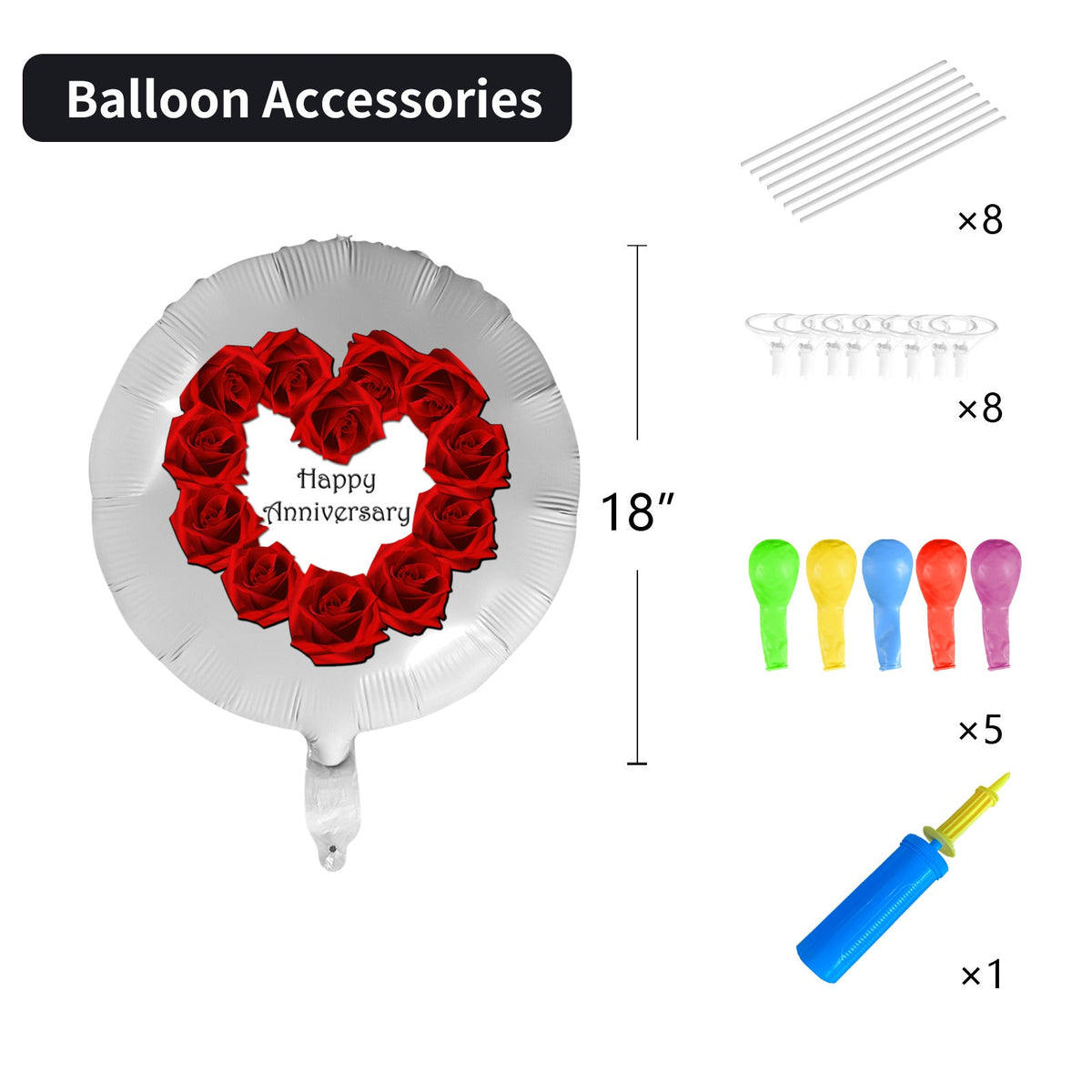 Happy Anniversary with Red Roses 18-inch Custom Aluminum Foil Balloons - Pack of 3 (Made in USA)