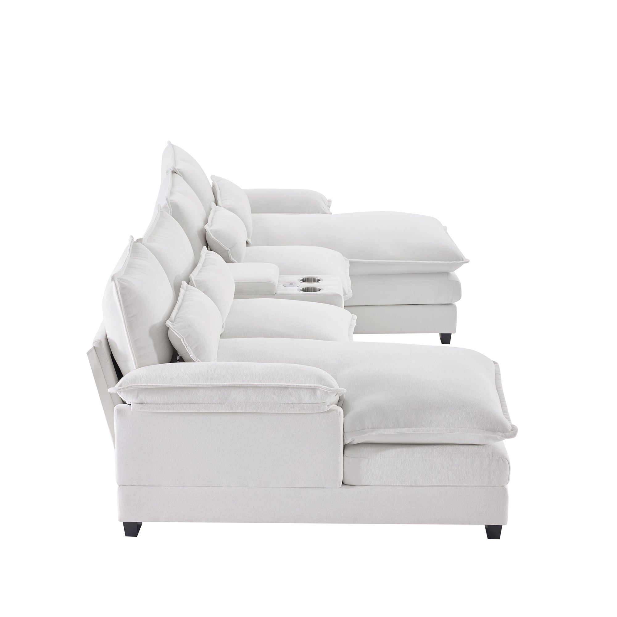 Modern U-shaped Sofa with Console, Cupholders & USB Ports, 6-seat Upholstered Furniture, Chenille, 123*55 inches, White