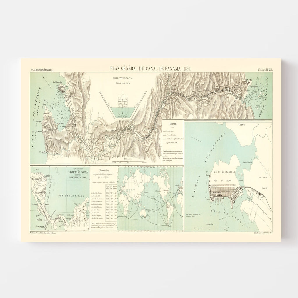 Vintage Map of Panama Canal, 1886