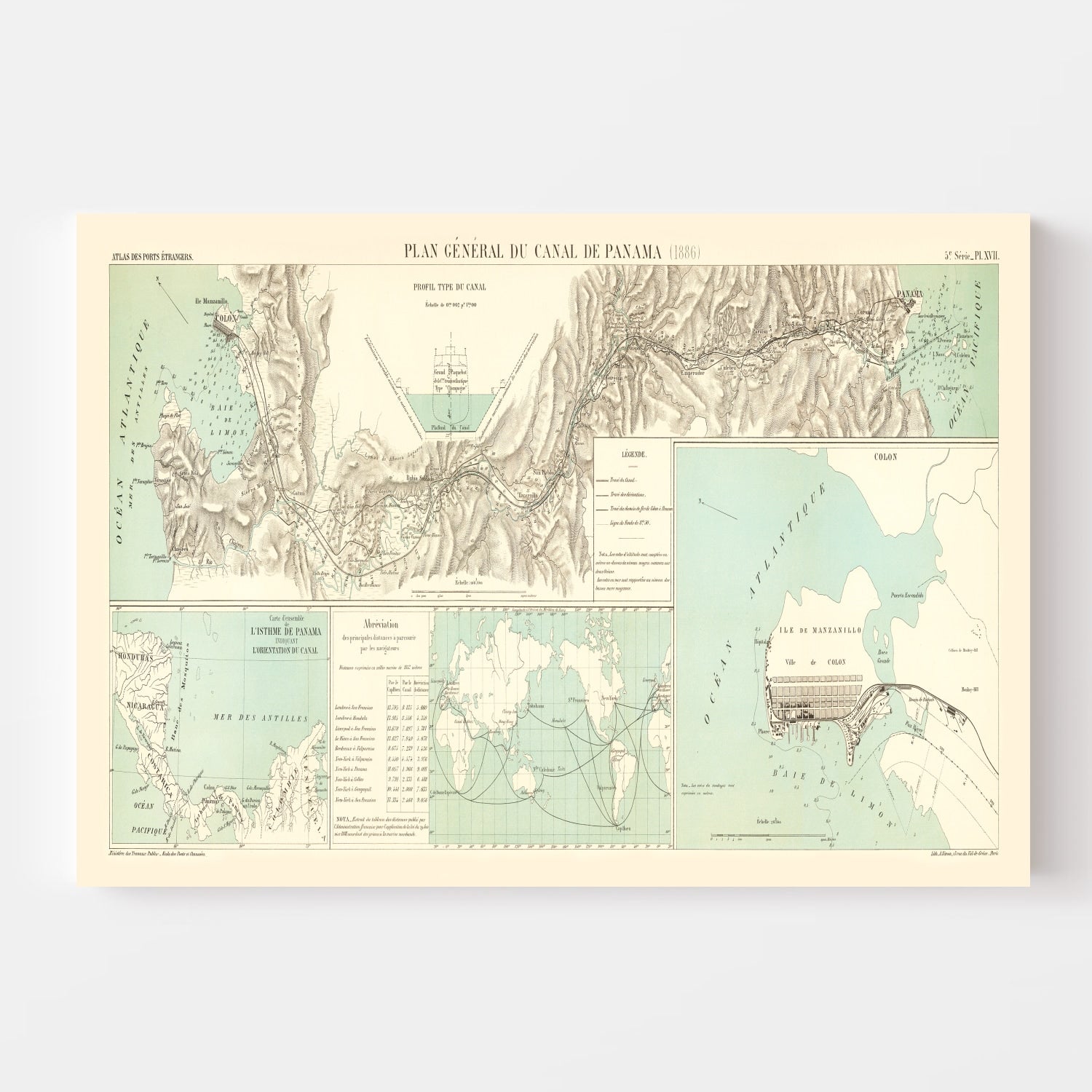 Vintage Map of Panama Canal, 1886