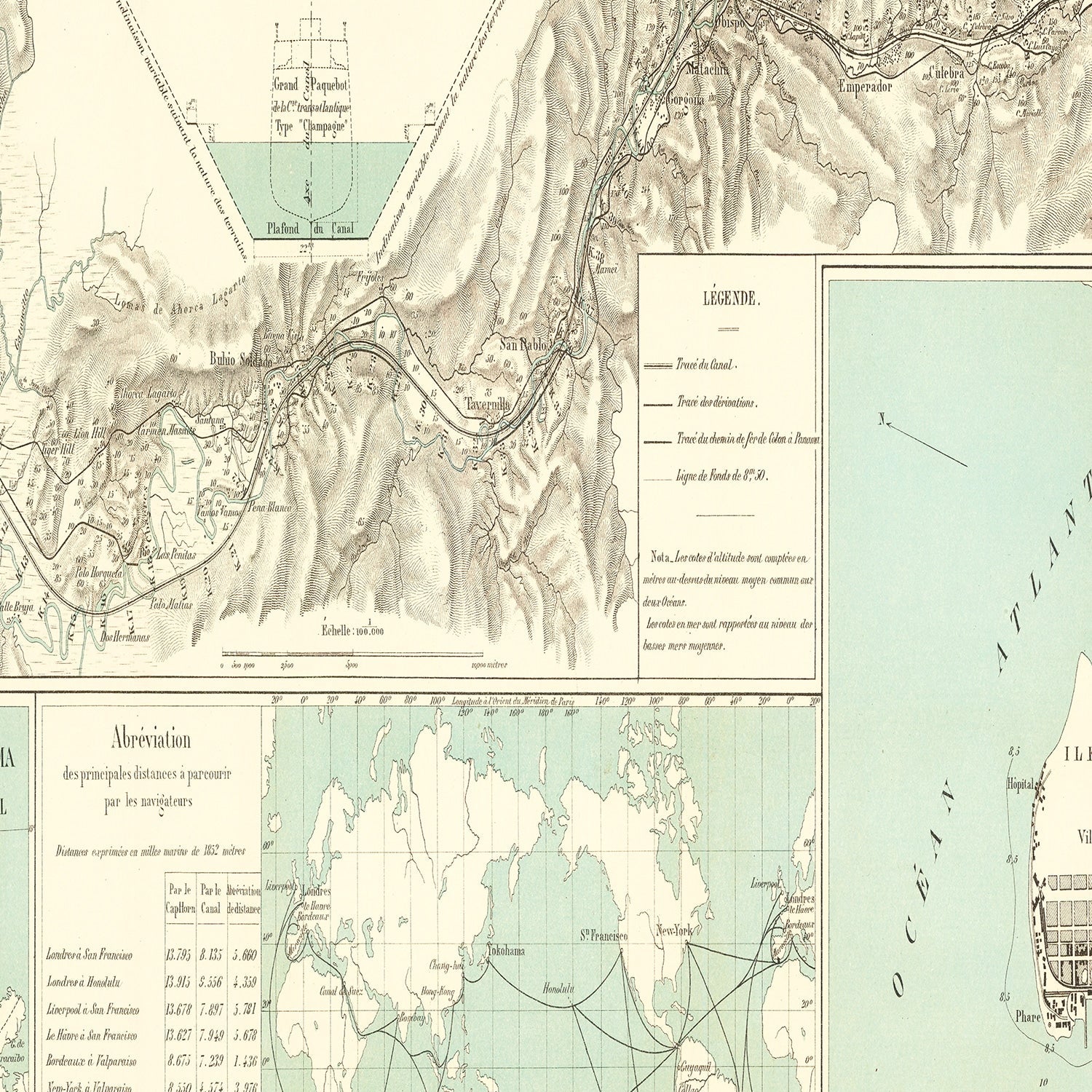 Vintage Map of Panama Canal, 1886