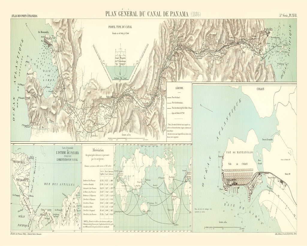 Vintage Map of Panama Canal, 1886