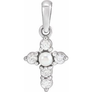 Sterling Silver Cultured White Seed Pearl & .07 CTW Natural Diamond Cross Pendant