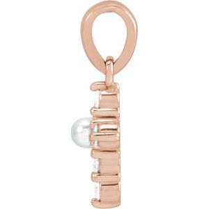 14K Rose Gold Cultured White Seed Pearl & .07 CTW Natural Diamond Cross Pendant