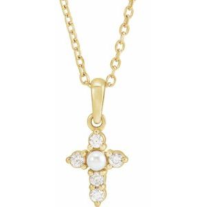 14K Yellow Gold Cultured White Seed Pearl & .07 CTW Natural Diamond Cross 16-18" Necklace