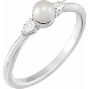 Sterling Silver Cultured White Akoya Pearl & 1/10 CTW Natural Diamond Ring