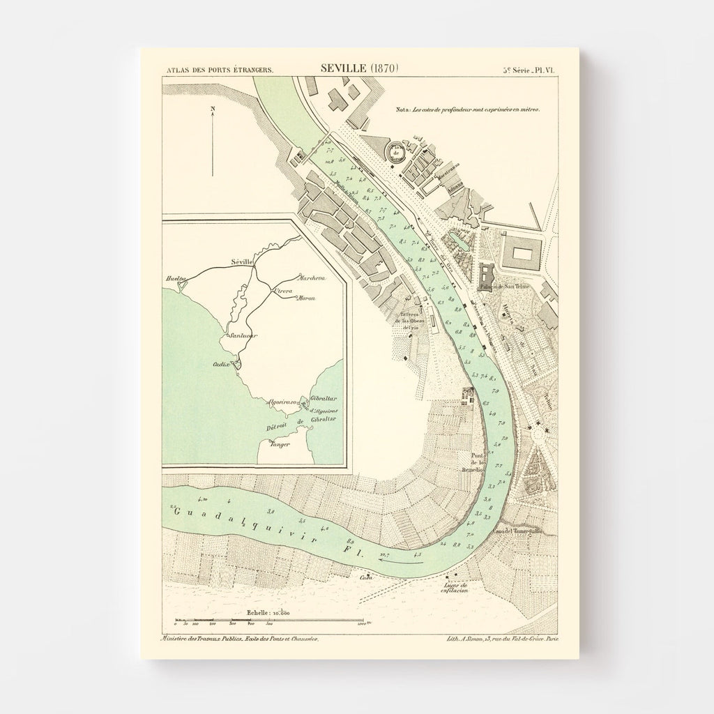 Vintage Map of Seville, Spain 1870