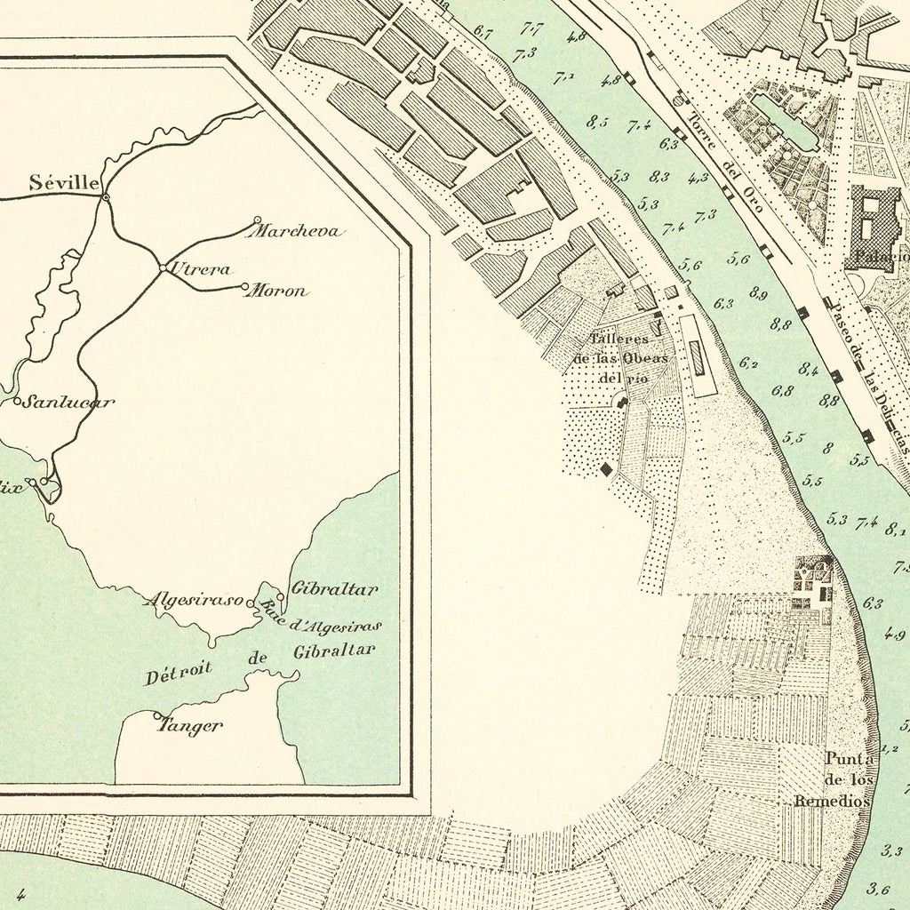 Vintage Map of Seville, Spain 1870