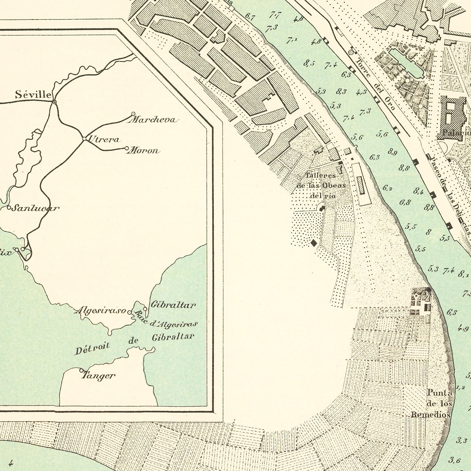 Vintage Map of Seville, Spain 1870