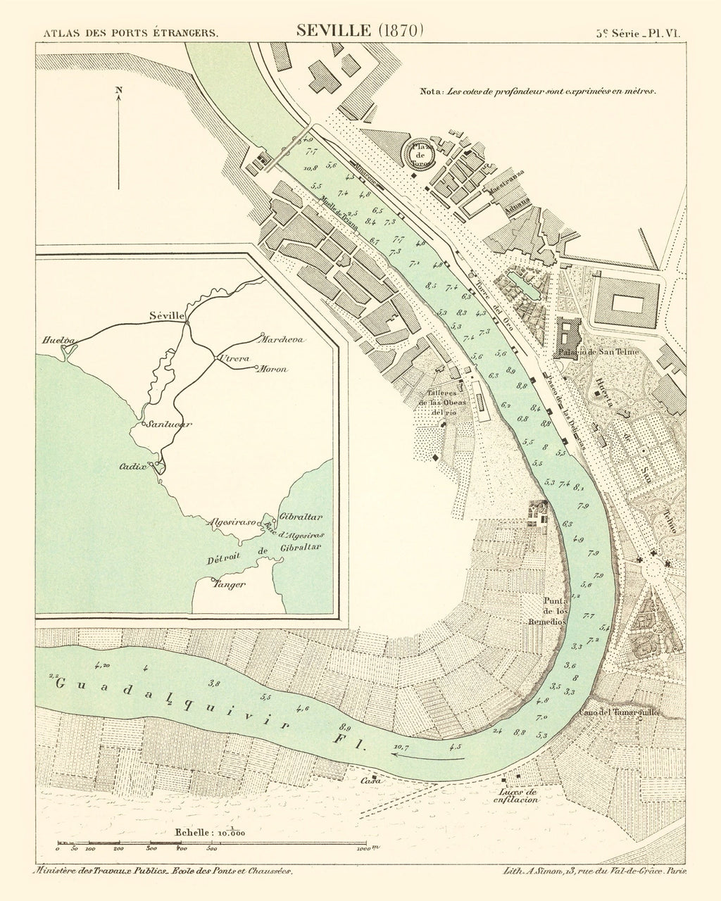 Vintage Map of Seville, Spain 1870
