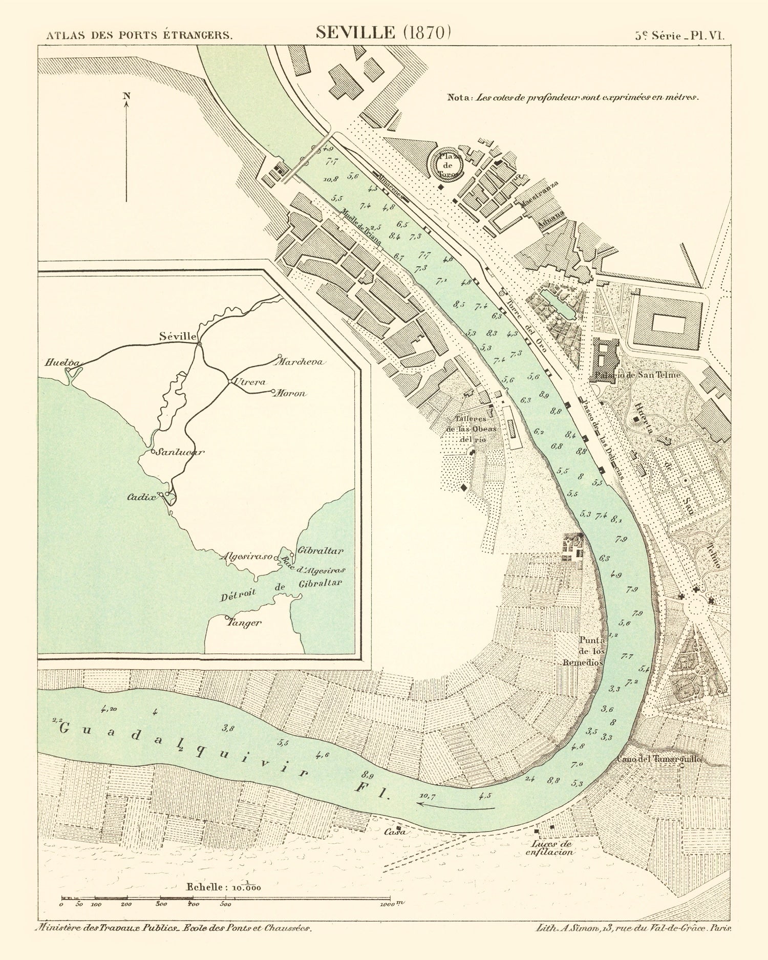 Vintage Map of Seville, Spain 1870