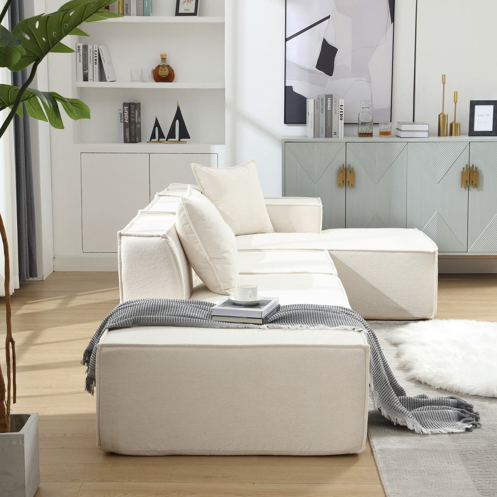 [VIDEO PROVIDED] Modular combination living room sofa set, modern minimalist sofa, free installation sofa, L-shaped, Italian minimalist tofu block sofa, Right-Hand Facing,Terrycloth fabric ,Beige
