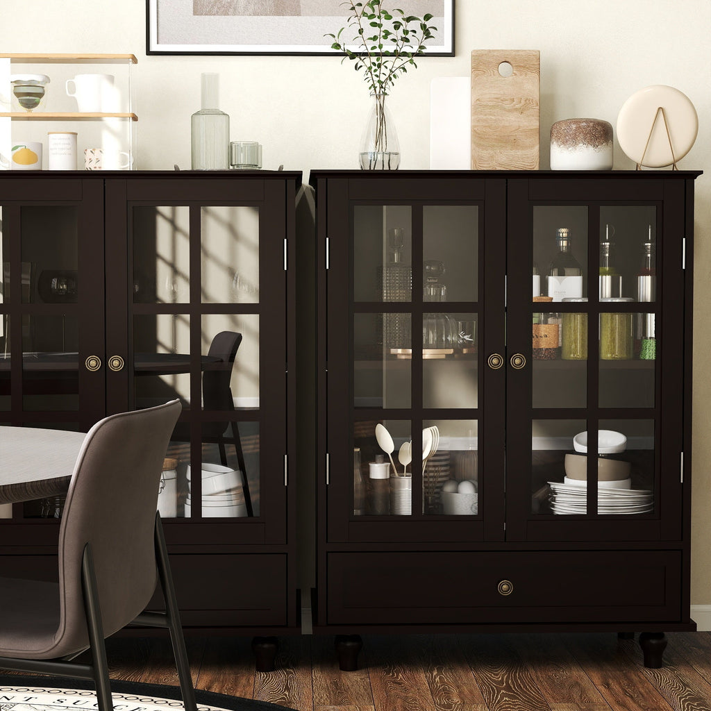 Minimalist Buffet Cabinet with Double Glass Doors and Drawer, Modern Wooden Storage Sideboard in Black