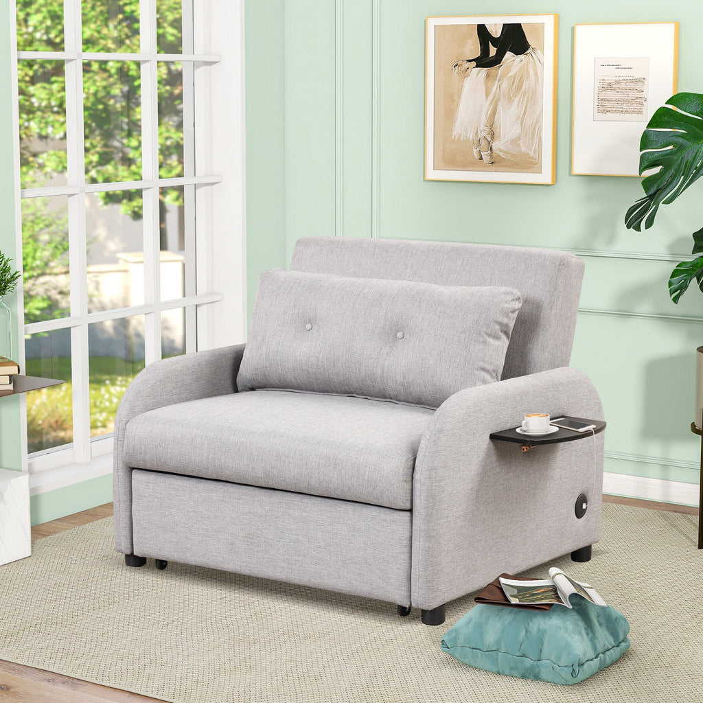 3-in-1 Pull Out Sofa Sleeper with Wing Table and USB Charge, Gray Linen, Iron Frame, 36.2-71.7'D x 42.9'W x 35.8'H