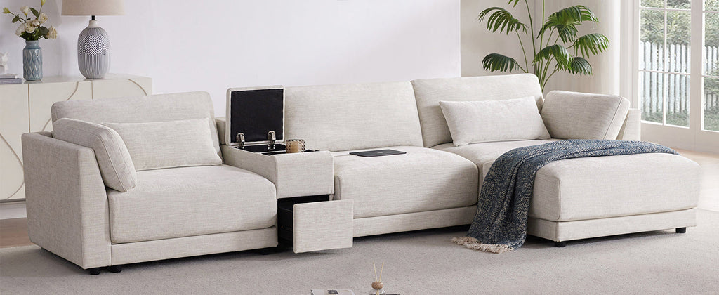 [VIDEO+NEW]124'' Modular Sectional Sofa with Storage Console and Movable Ottoman,33'' Wide Seat,4 Seat L Shaped Chenille Couch,Reversible Comfy Sofa with USB Charger for Living Room,Apartment,2 Colors
