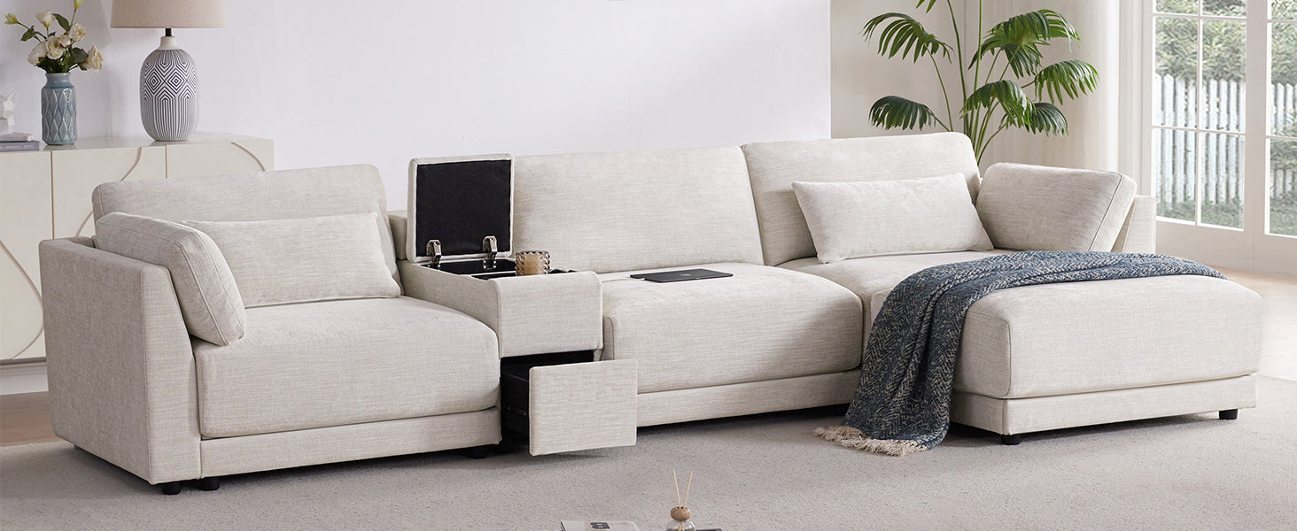 [VIDEO+NEW]124'' Modular Sectional Sofa with Storage Console and Movable Ottoman,33'' Wide Seat,4 Seat L Shaped Chenille Couch,Reversible Comfy Sofa with USB Charger for Living Room,Apartment,2 Colors