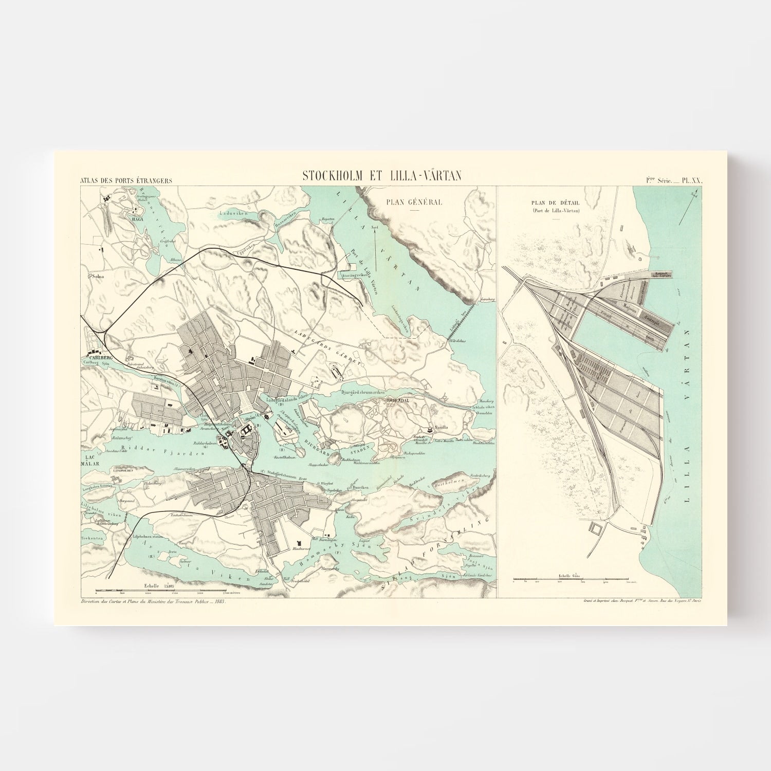 Vintage Map of Stockholm, Sweden 1883