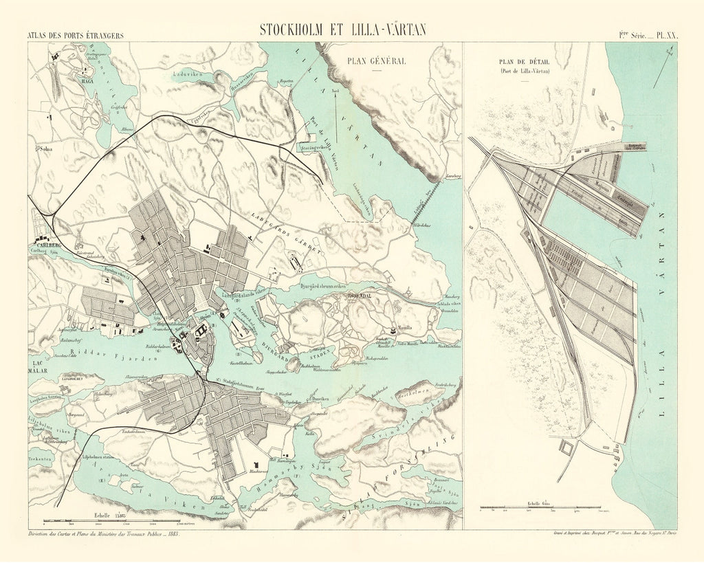 Vintage Map of Stockholm, Sweden 1883