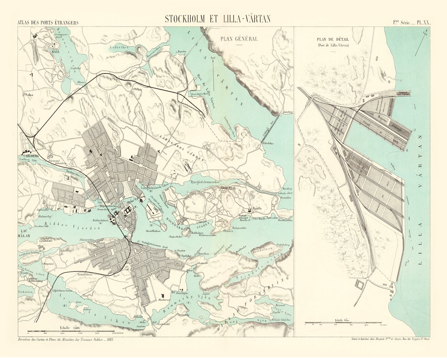 Vintage Map of Stockholm, Sweden 1883