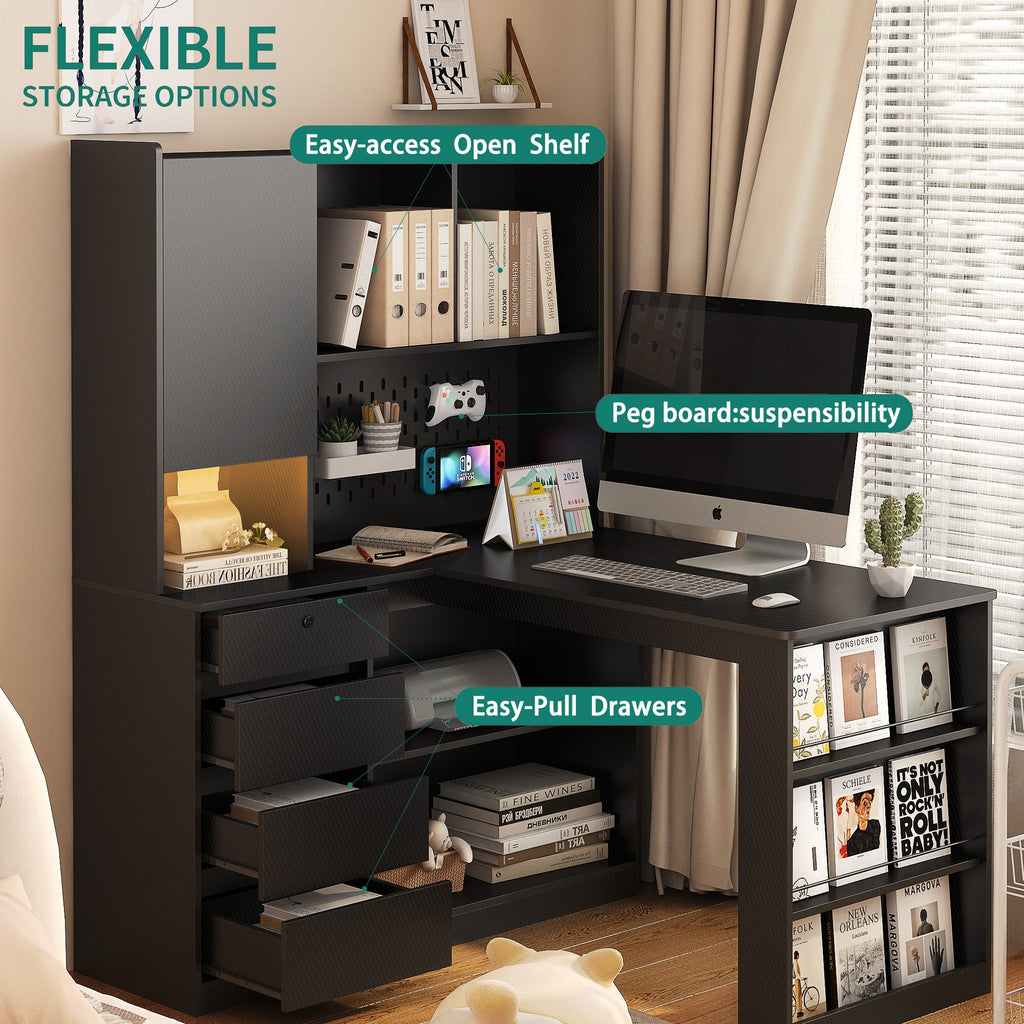L Shaped Desk,Computer Desk with Drawers,Bookshelf,with LED Light,Modern Corner Desk,Home Office Desk,L-Shaped Study Table Writing Desk,Corner Gaming Computer Desk with Storage