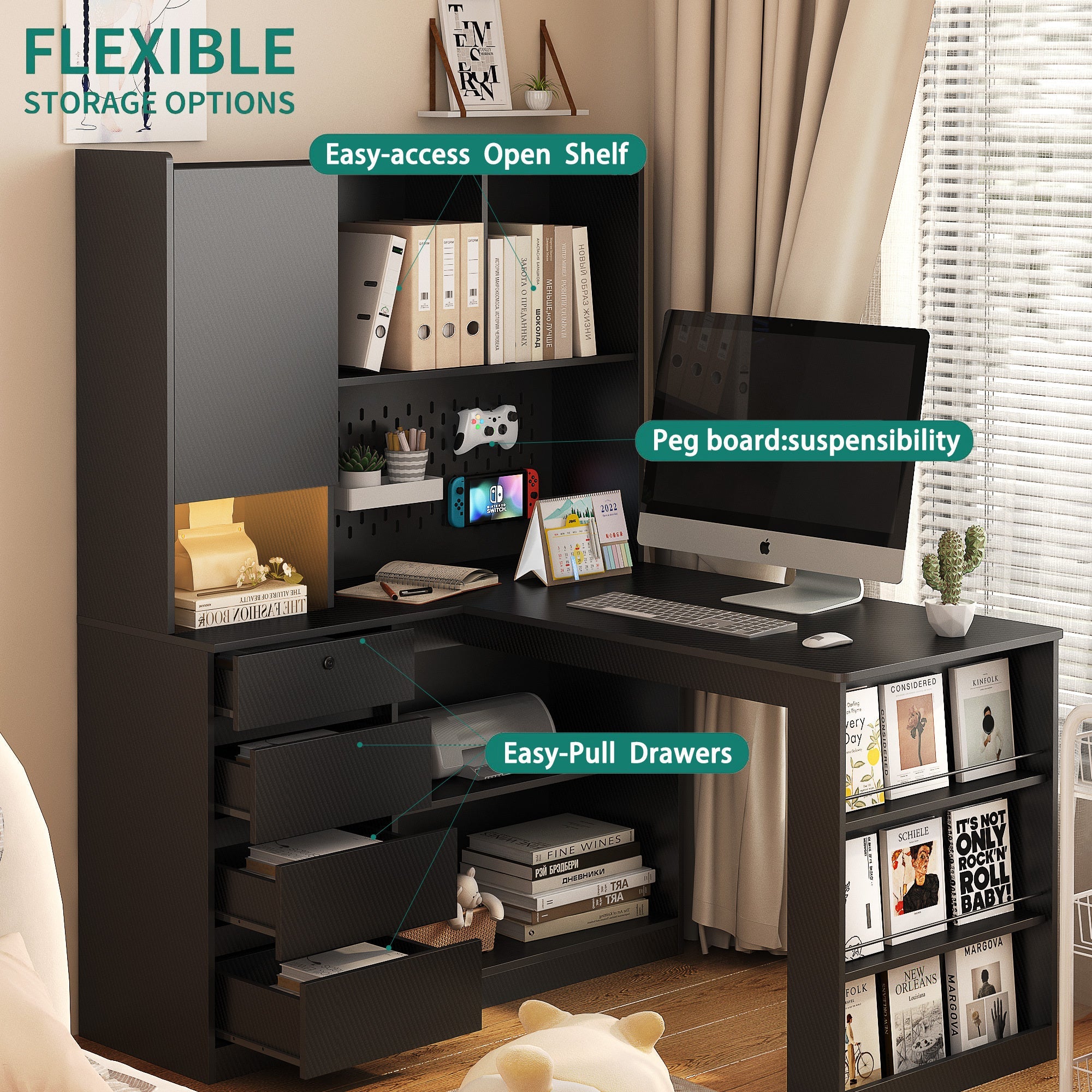 L Shaped Desk,Computer Desk with Drawers,Bookshelf,with LED Light,Modern Corner Desk,Home Office Desk,L-Shaped Study Table Writing Desk,Corner Gaming Computer Desk with Storage