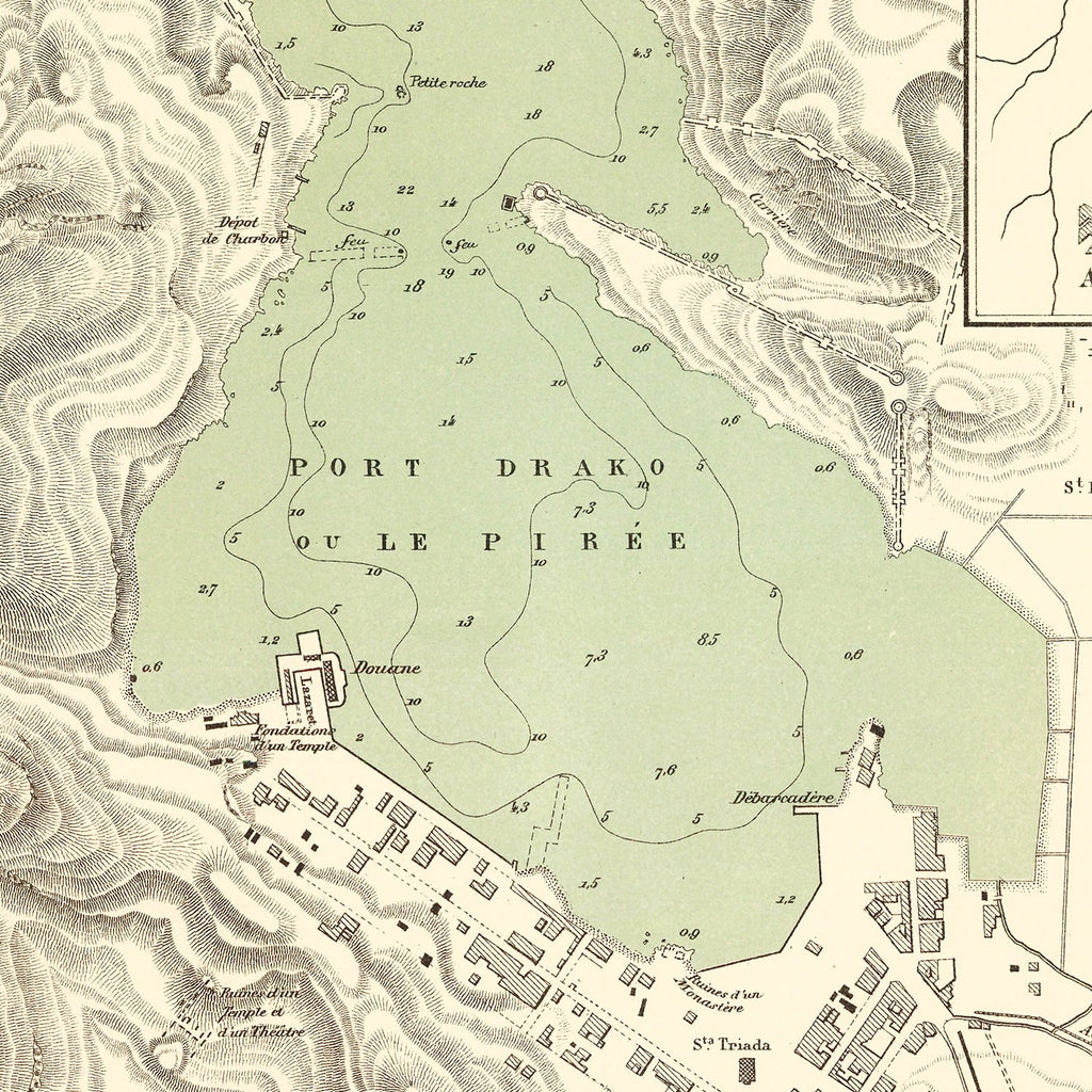Vintage Map of Piraeus, Greece 1870