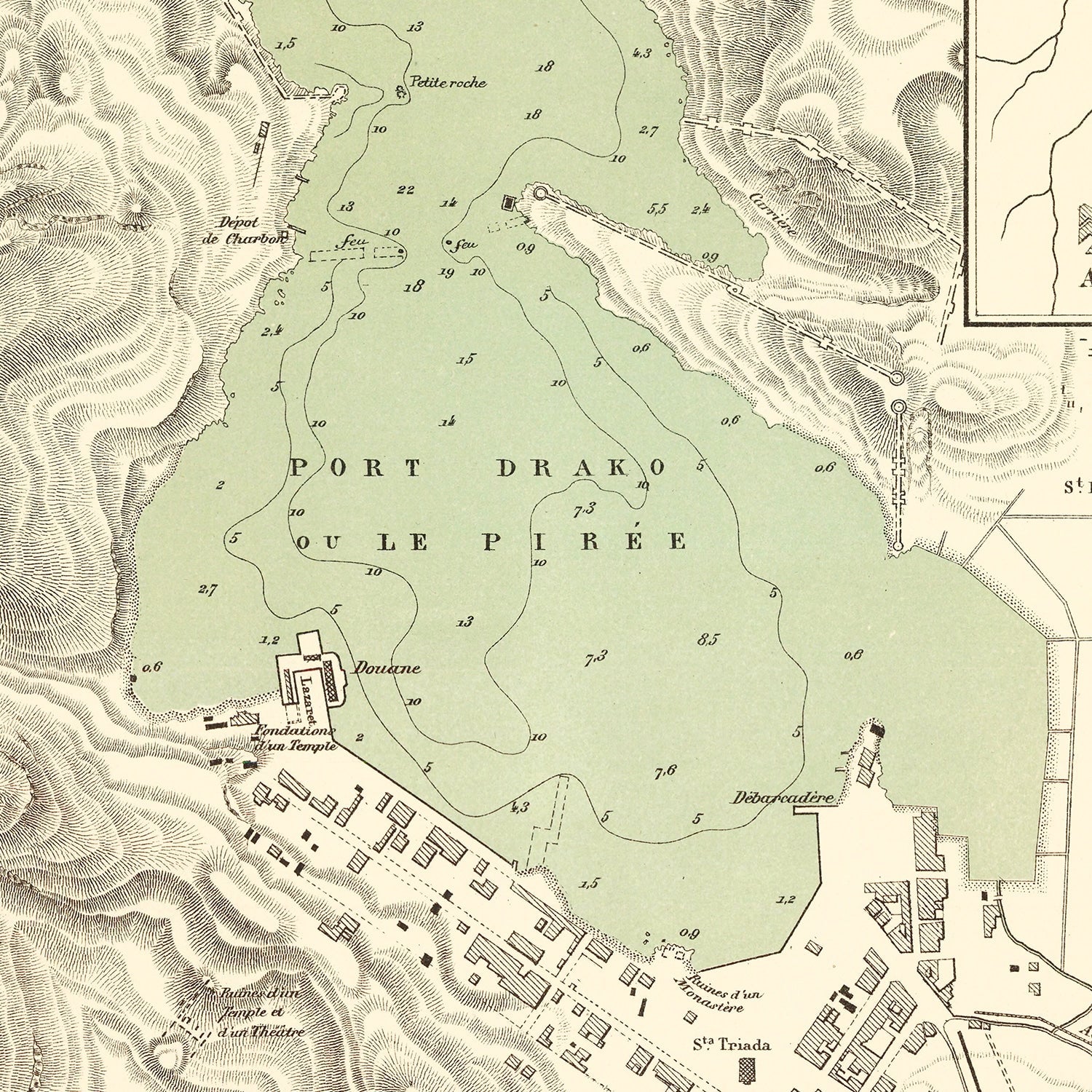 Vintage Map of Piraeus, Greece 1870