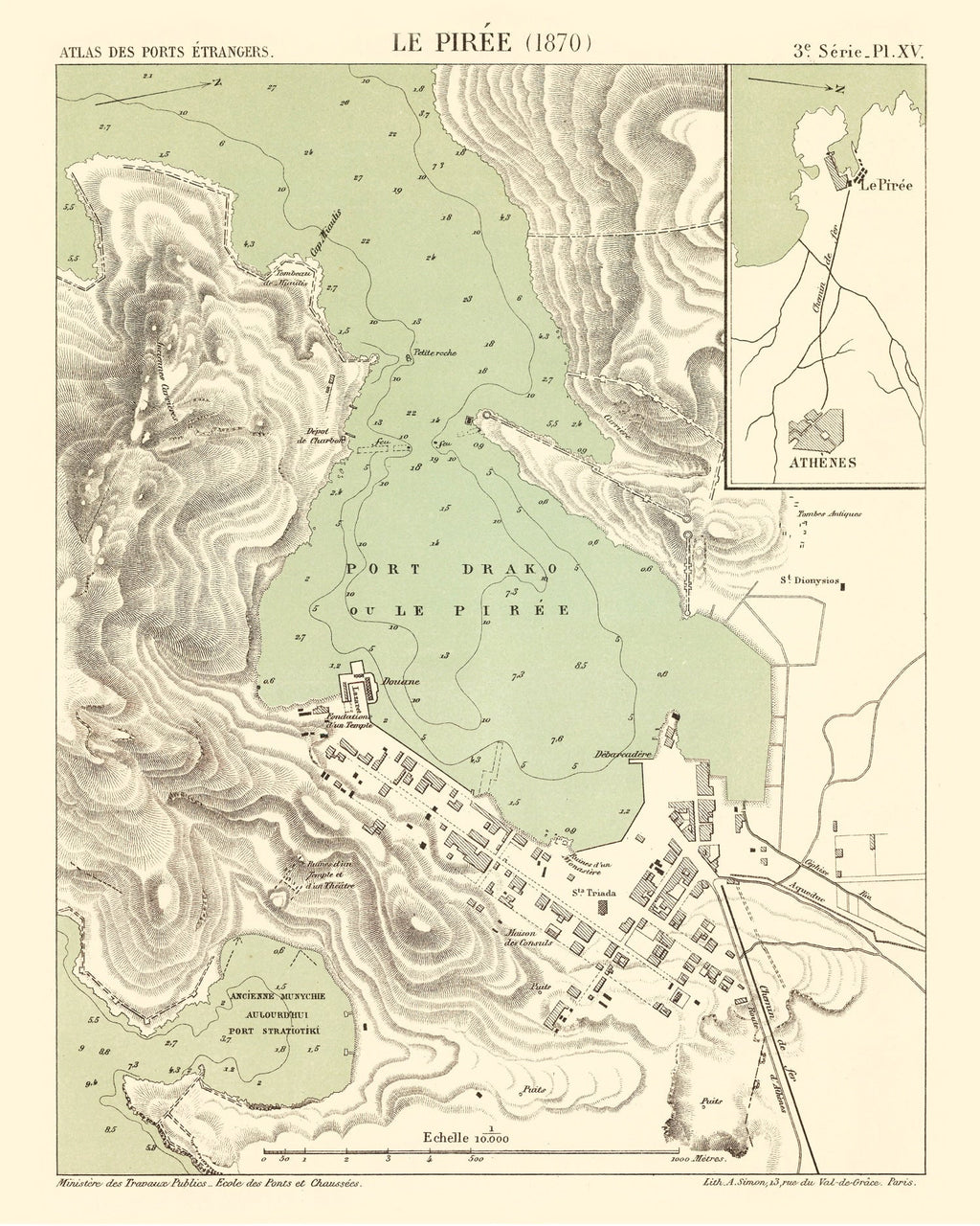 Vintage Map of Piraeus, Greece 1870