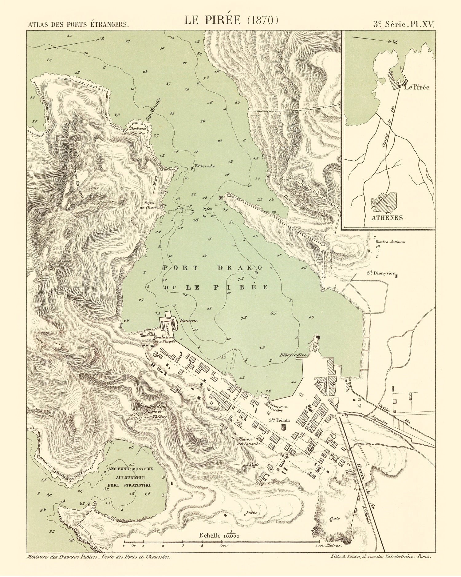 Vintage Map of Piraeus, Greece 1870