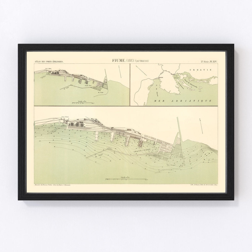 Vintage Map of Rijeka, Austria 1883