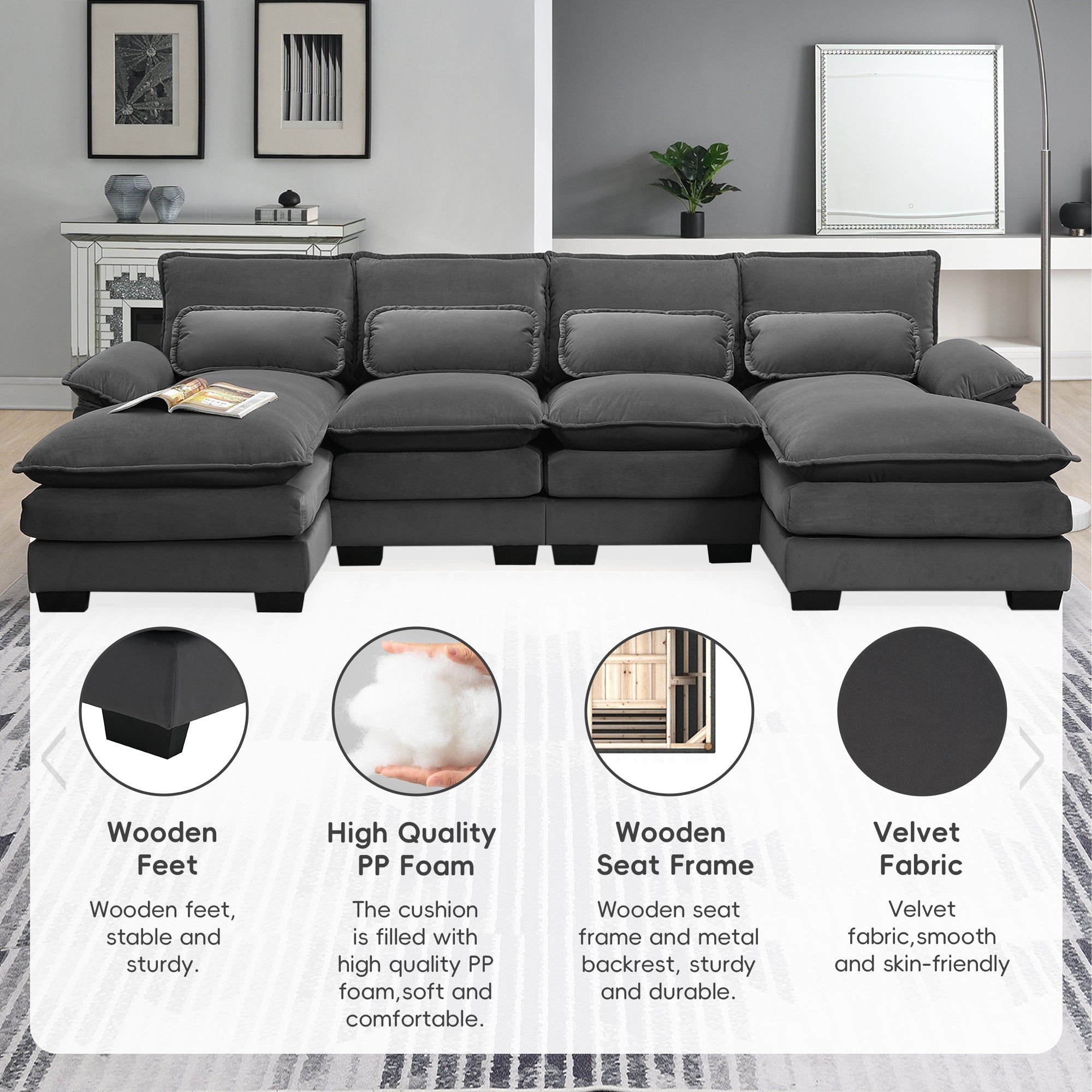 Modern U-shaped Sectional Sofa with Waist Pillows, 6-seat Upholstered Sleeper Sofa with Chaise Lounge in Velvet, 109.8*55.9', Gray