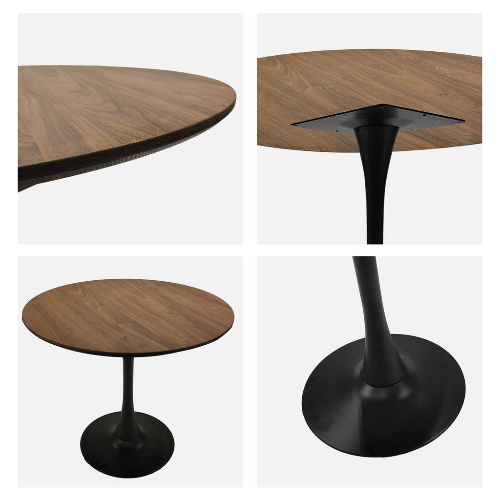 Mid-Century Round Dining Table, Walnut Color, MDF Table Top & Pedestal Base, 31.5 Inches